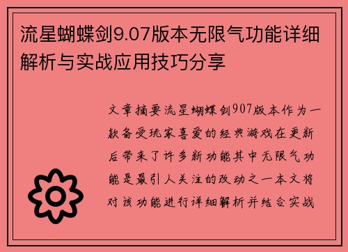 流星蝴蝶剑9.07版本无限气功能详细解析与实战应用技巧分享