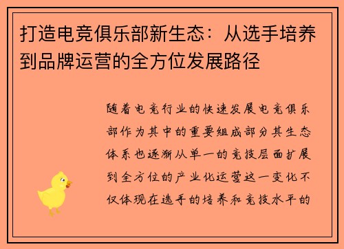 打造电竞俱乐部新生态:从选手培养到品牌运营的全方位发展路径 打造电竞俱乐部新生态:从选手培养到品牌运营的全方位发展路径